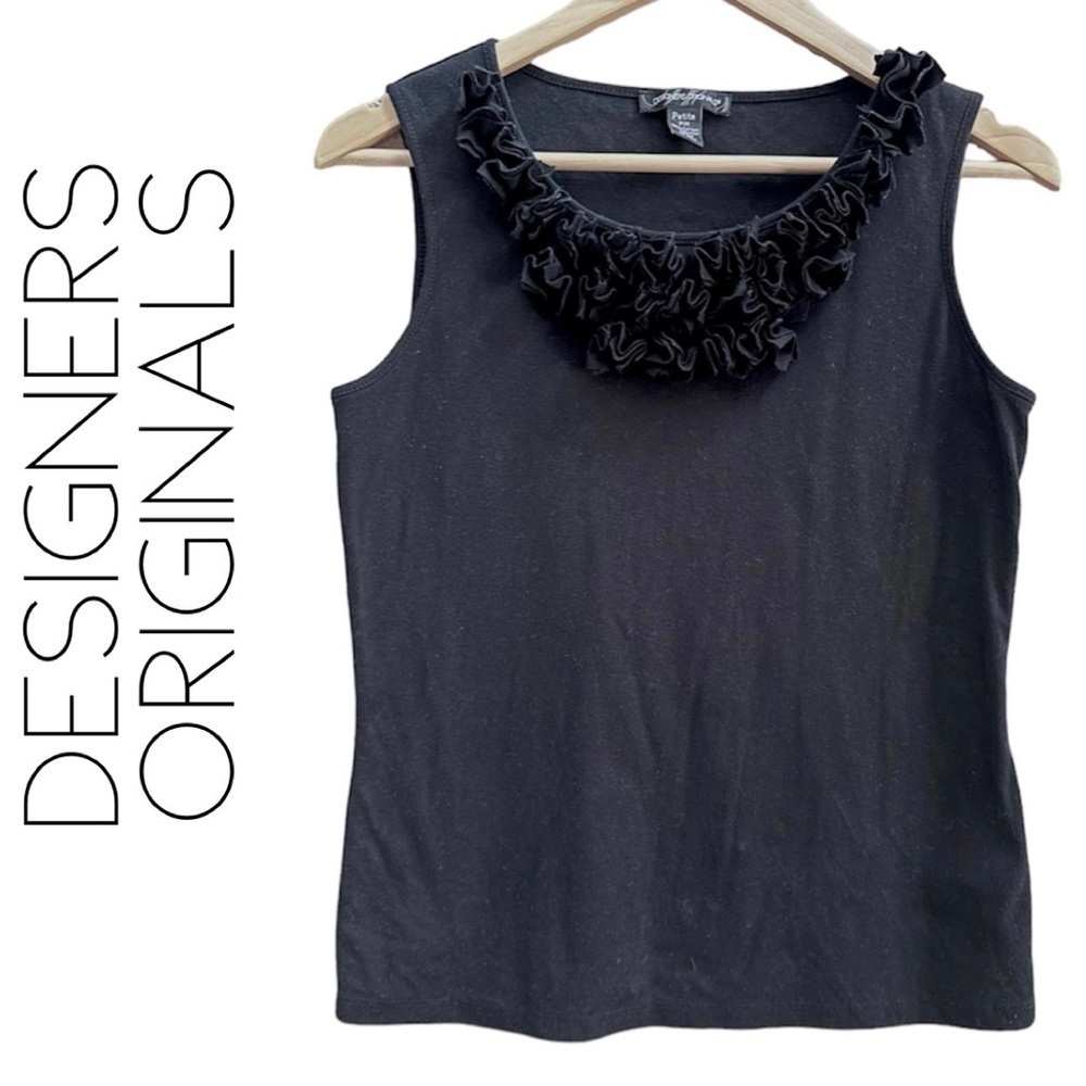 DESIGNERS ORIGINALS Black Tank Ruffle Neckline Sleeveless Top Shell Petite M